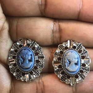 Vintage Blue Cameo Portrait Rhinestone Silver Plated Oval Pendant Earrings